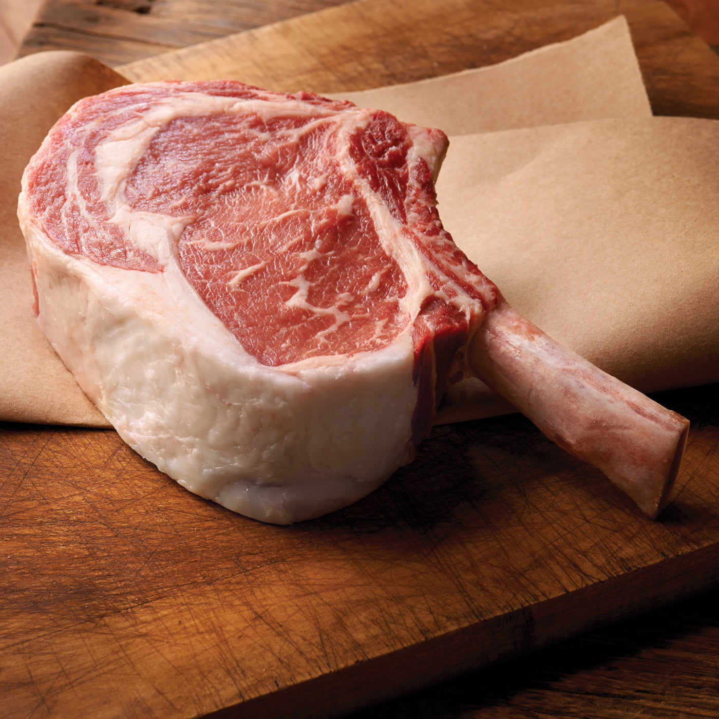 USDA Choice Black Angus Bone-In Ribeye (Cowboy Ribeye) from 44 Farms with exceptional marbling, ready for grilling or reverse searing
