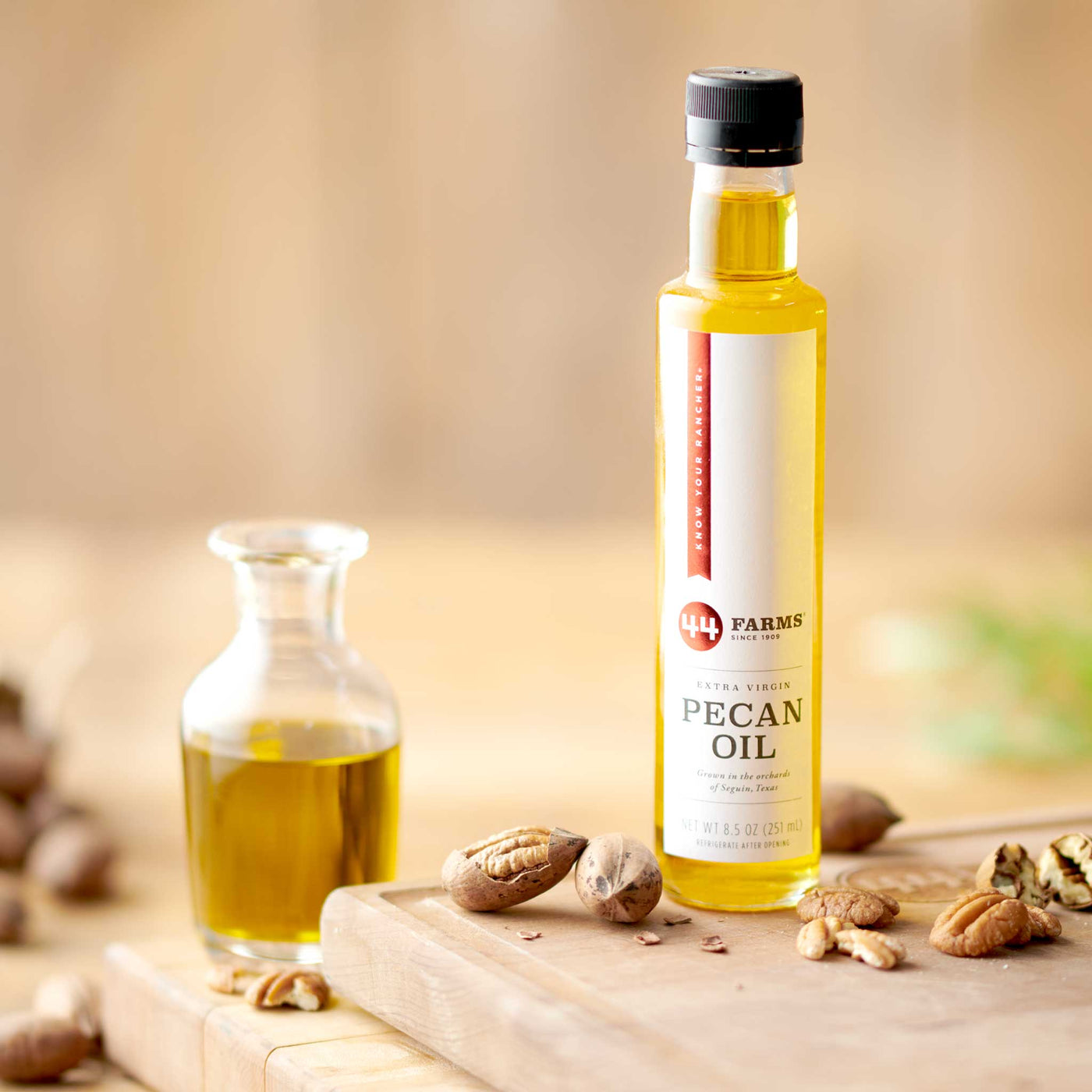 Cold-pressed extra virgin Texas pecan oil from 44 Farms for searing steaks, grilling, cast iron cooking, and roasting vegetables
