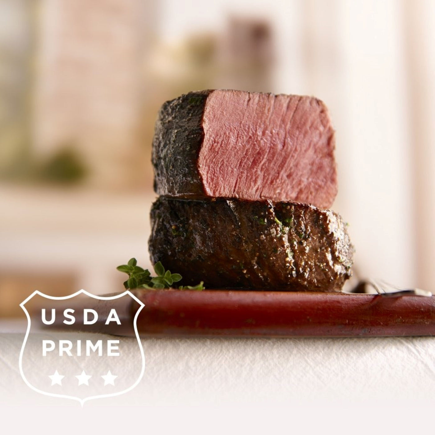 USDA Prime Filet Mignon Steak cooked with exposed meat center 