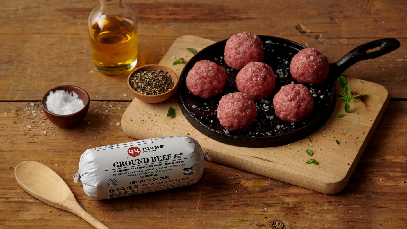 44 farms ground beef on display with skillet and cutting board