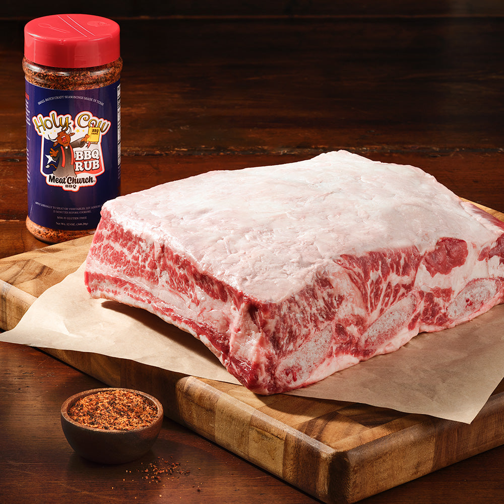 USDA Choice Black Angus beef plate short ribs with Meat Church Holy Cow seasoning, ideal for Texas-style barbecue and smoking