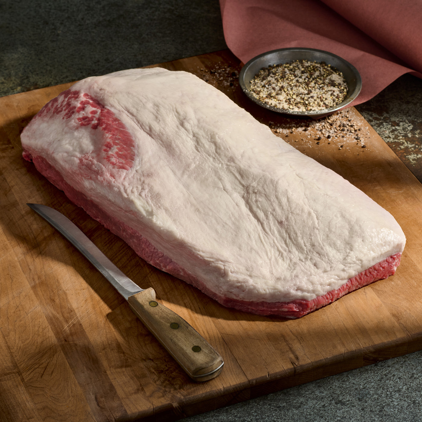 USDA Prime whole Black Angus packer brisket from 44 Farms with exceptional marbling, ideal for Texas-style barbecue and low-and-slow smoking